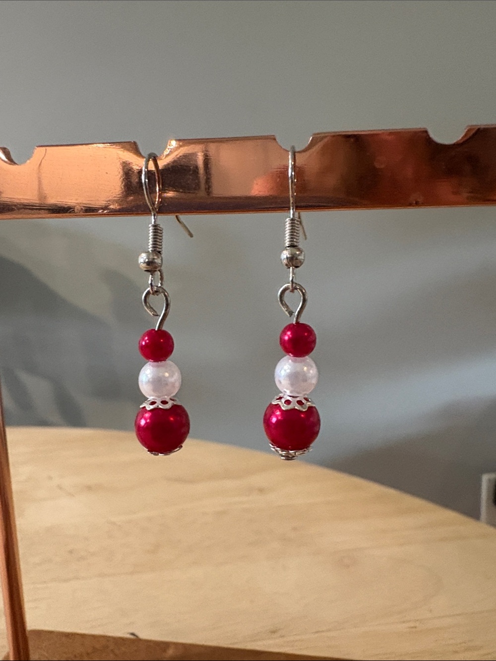 Handmade Alabama inspired Red and White Bead Drop Earrings with Silver Hooks